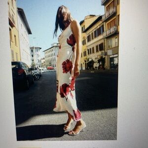 Zara Cream and Red Floral Backless Dress